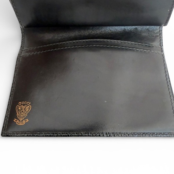 Gucci Vintage GG Kiss Lock Coin Purse Wallet Black Embossed Leather Crest Italy - Picture 10 of 13